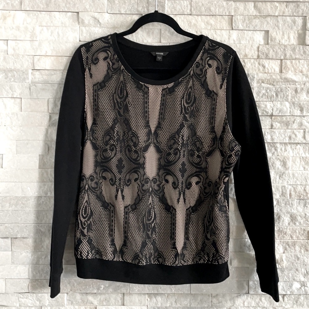 GUESS Black Lace Front with Nude Liner Crew Neck Pullover Sweater